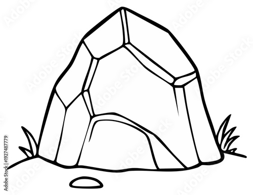 Outline of a large, angular rock with grass and pebbles