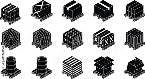 Isometric warehouse logistics silhouette set, black shipping crates, wooden pallets, oil barrels, and cardboard boxes for cargo delivery and distribution,