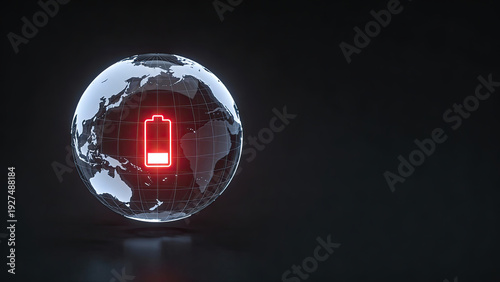 Digital globe of Earth with translucent design features red battery icon, symbolizing energy or power concepts. dark background enhances futuristic and technological theme