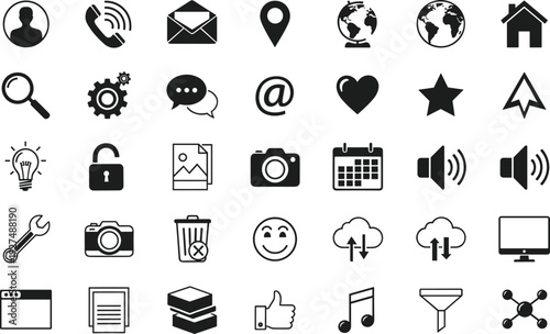 Essential black solid glyph icons set, contact phone email location globe home search gear chat heart star arrow idea lock camera calendar vector illustration collection