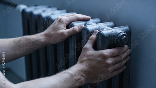 Pair of hands gripping cold metal radiator, conveying sense of discomfort in chilly environment. image highlights need for warmth and heating during cold weather