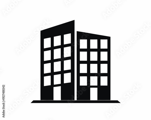 A minimalist vector graphic illustration of two modern buildings with a flat design style