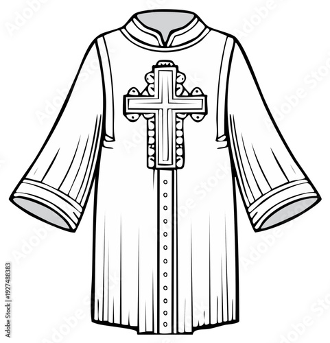 White Clerical Garment with Ornate Cross Emblem and Buttoned Front