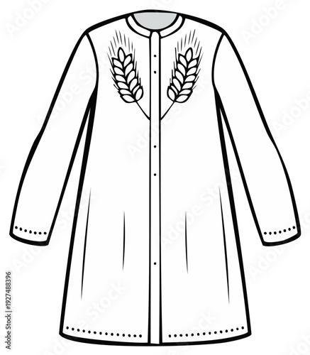 Illustration of a stylized, button-up tunic with wheat embroidery.