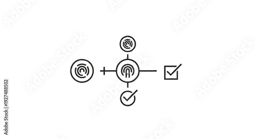 Centralized fingerprint icon with surrounding elements and checkmarks.