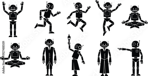 Robot character set, black silhouette vector collection, retro cartoon android poses isolated on white background illustration bundle