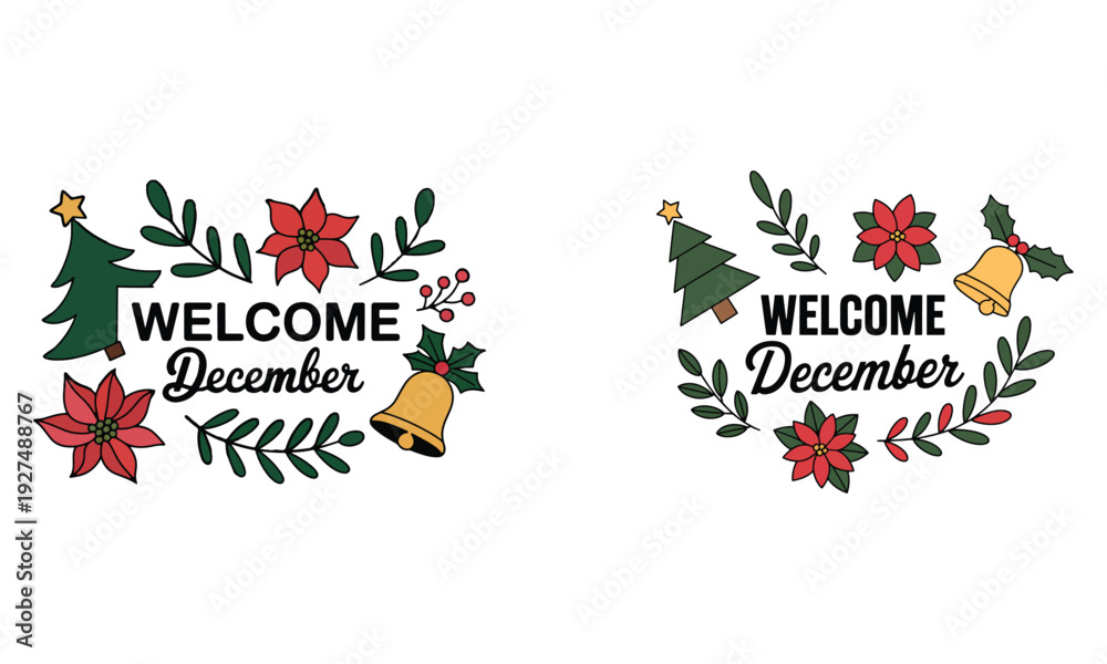Fototapeta premium Welcome December Christmas Vector Illustration with Festive Floral Wreath, Poinsettia, Tree and Holiday Typography Design