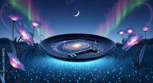 Wallpaper Mural An ornate antique metal opener lies on a dark dish containing a swirling nebula situated within a field of luminous alien flowers Torontodigital.ca