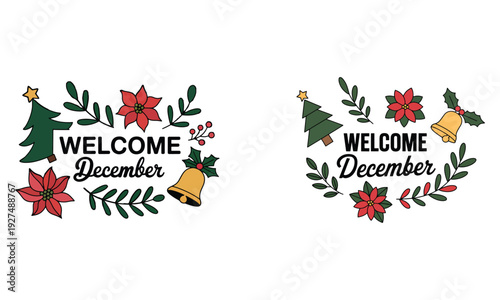 Welcome December Christmas Vector Illustration with Festive Floral Wreath, Poinsettia, Tree and Holiday Typography Design