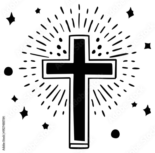 Religious Christian Cross Illuminated with Rays of Light and Stars