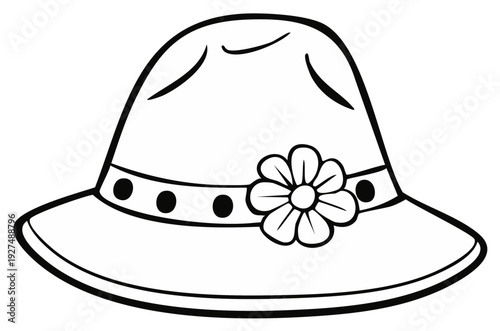 Simple Line Drawing of a Woman's Wide Brim Hat Decorated with a Flower and Polka Dots