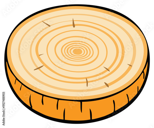 Circular wood log slice with rings and textured bark illustration