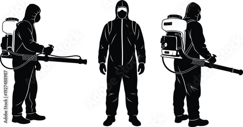 Pest control worker silhouette set, professional specialist in hazmat suit with disinfection sprayer for sanitizing and virus prevention services, isolated