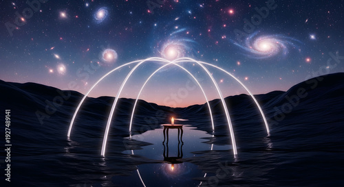 Wallpaper Mural Luminous neon bands curve through a dark hilly landscape creating a dome over a solitary furniture piece reflected in a pool Torontodigital.ca