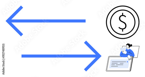 Money transfer. Two arrows monetary exchange, a dollar symbol and a user with a device. Money transfer visuals are ideal for banking, fintech, payment systems, digital transactions, and financial