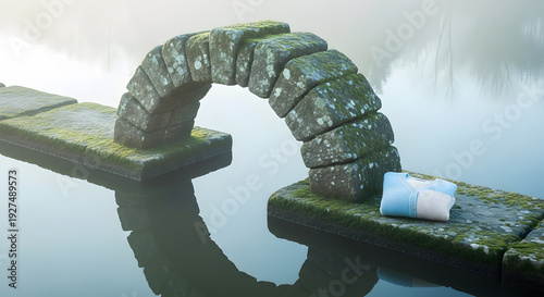 Wallpaper Mural A rustic old rock archway covered in greenery spanning across a foggy pond with a neat piece of clothing placed on the edge Torontodigital.ca