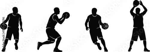 Energetic basketball player silhouettes in various game positions. Vector 