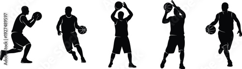 Basketball player silhouettes vector set featuring dynamic action poses.