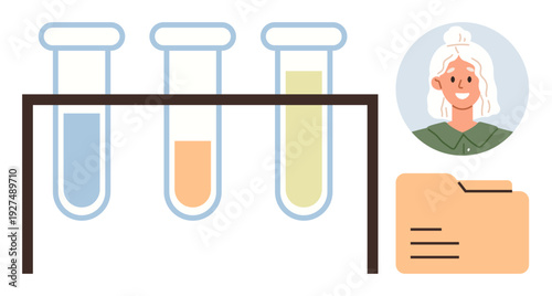 Healthcare, laboratory tests, medical data, scientific research, diagnosis, patient records. Three test tubes, a smiling woman s profile folder icon. Healthcare and laboratory tests concept