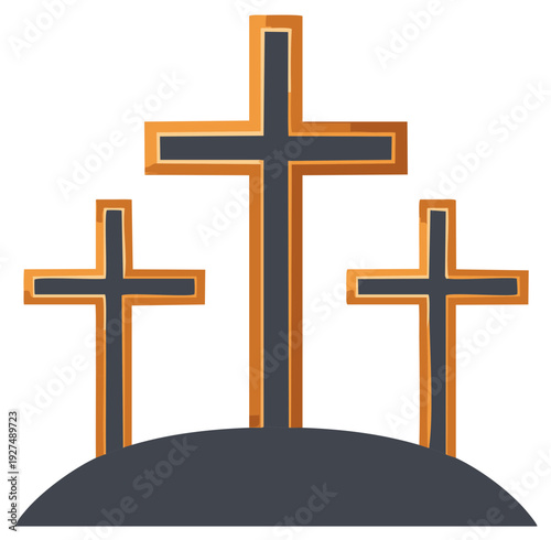 Three Wooden Crosses on Hill Christian Religious Symbol