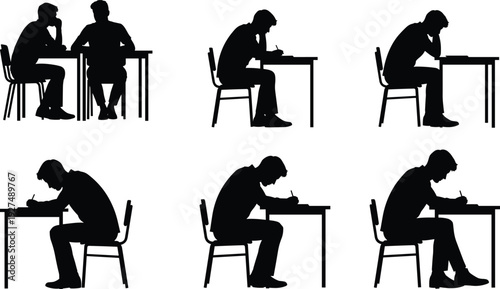 Student silhouette collection set of male students sitting at desk studying writing and reading book isolated on white background vector