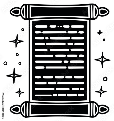 Mystical parchment scroll with abstract writing and decorative star elements