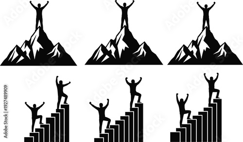 Successful businessman silhouette standing on mountain top and climbing bar graph, achievement and goal concept set for leadership and motivation