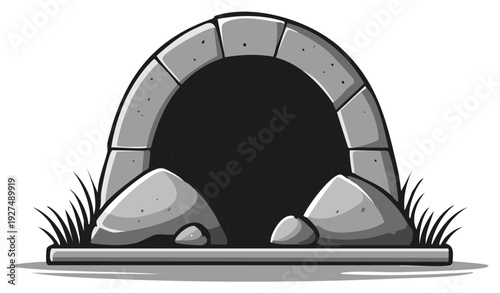 Cartoon stone cave entrance with rocks and grass illustration