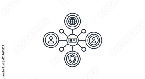 Centralized network diagram with icons representing global connection security and people.