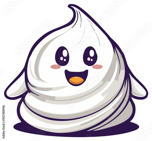Cartoon whipped cream character with happy expression and blush