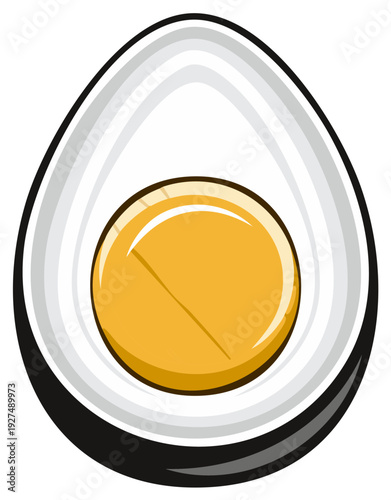Cartoon illustration of a hard boiled egg cut in half showing yolk and white food