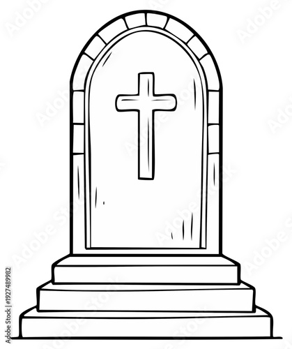 Simple drawing of a grave, tombstone or headstone with christian cross symbol for remembrance and honoring of the death.