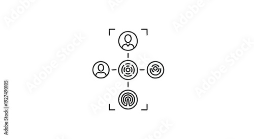 Centralized network diagram with user and fingerprint icons.