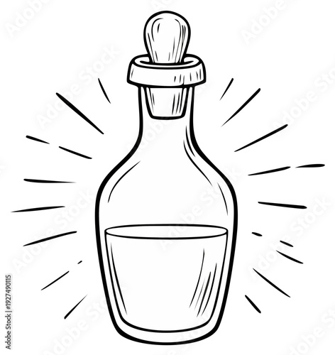 Vintage glass bottle illustration with cork, radiating light, and filled liquid.