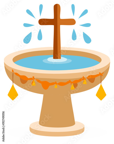 Religious baptismal font with cross and flowing water, decorated with orange and yellow ornaments