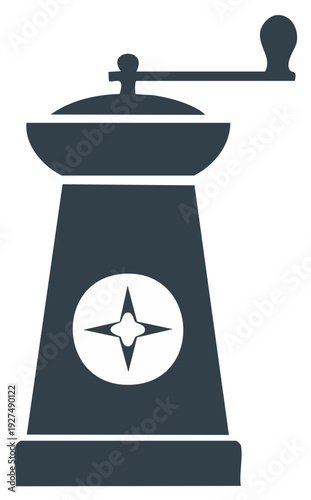 Vintage manual coffee grinder with a compass rose emblem and a crank handle