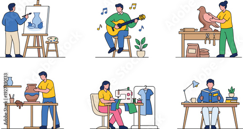 Creative People Hobbies Collection with Painting Guitar Music Pottery Sewing Reading and Craft Activities Vector Illustration Set