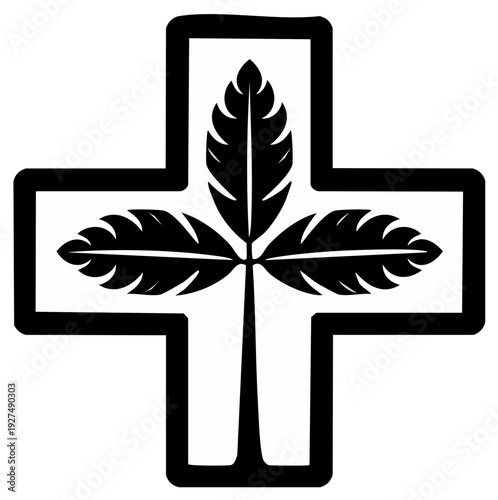 Cross Shape Outline with Internal Plant and Leaf Silhouette Symbol