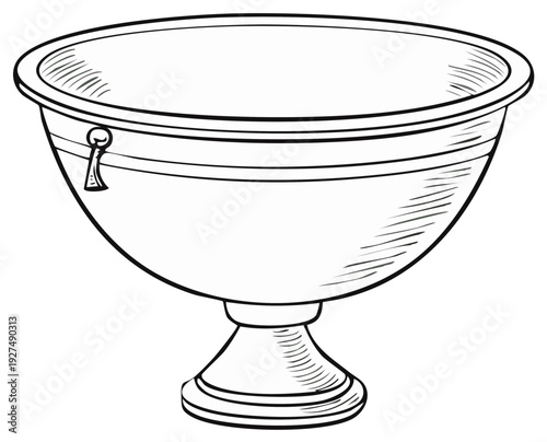 Elegant Line Drawing of a Vintage Footed Bowl with Decorative Handle Detail