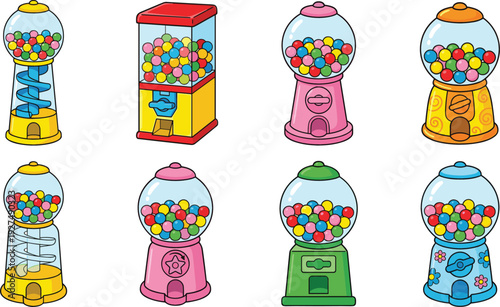 Cute Cartoon Gumball Machine Collection with Colorful Candy Balls Retro Vending Dispensers Isolated on White Background Vector Set
