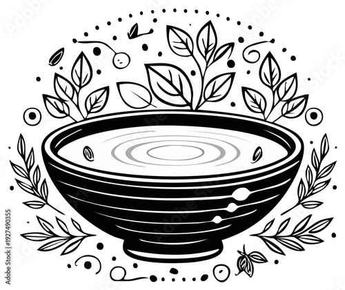 Illustration of a stylized bowl of soup or broth with decorative foliage around it.