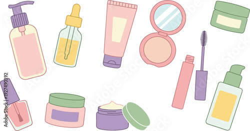 Cute Pastel Cosmetic and Skincare Products Set with Makeup Bottles Cream Jars Mascara and Nail Polish Vector Illustration Collection