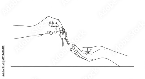 Hands exchanging house keys in a simple line drawing illustration