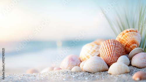 Beautiful Collection of Colorful Seashells on Sandy Beach by Ocean Shore
