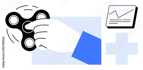 Hand spinning fidget spinner, chart showing upward trend, and plus sign. Ideal for focus, productivity, stress relief, multitasking, mental health brainstorming and balance themes. Simple flat