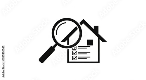 Magnifying glass examining a house document with a pencil, focusing on details in a simple illustration