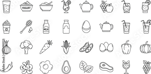 Healthy food nutrition icons set, yogurt milk honey egg tea fruits vegetables avocado meat drink juice organic diet line vector illustration collection