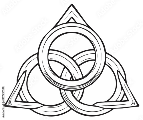 Elegant Triquetra Knot Line Art: Ancient Celtic Symbol with Interlocking Circle and Triangles in a Minimalist Outline