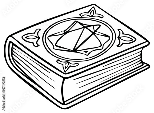 Illustrated book with geometric symbol, open book design, fantasy artwork
