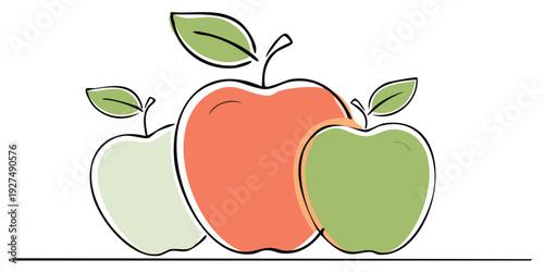 Stylized Outline Apples of Various Colors with Stems and Leaves for Food and Fruit Themes